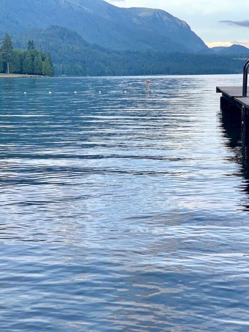 A dock in a calm lake with pine trees and mountains in the distance. 