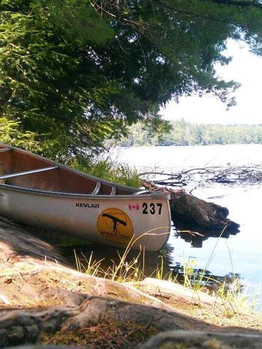 A canoe on the shore at the edge of a lake.