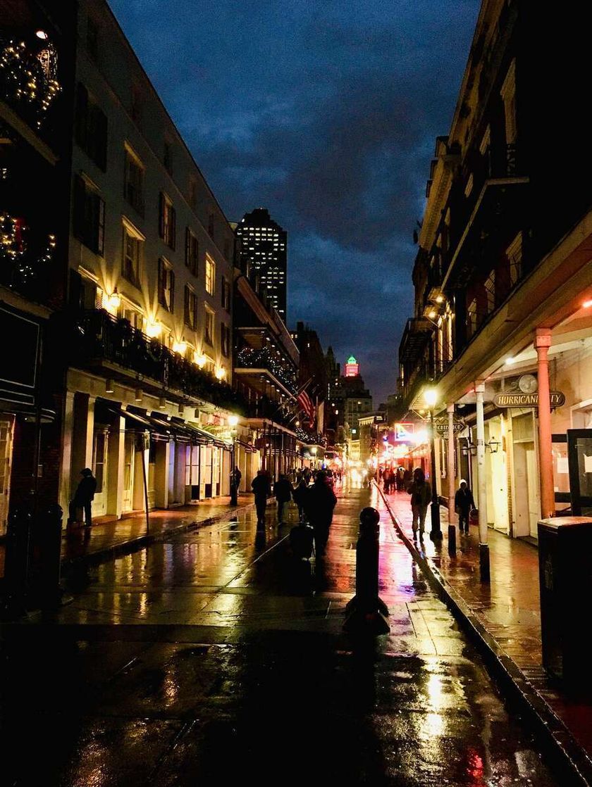 The rainy streets of New Orleans at night.